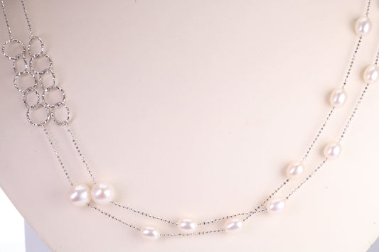 44 Inches Long Natural Pearl Necklace set in Solid Silver