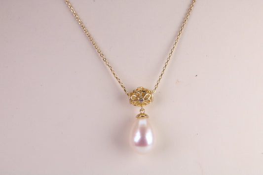 Natural Pearl set Necklace set in Solid Silver, 18ct Yellow Gold Plated, Length Adjustable Chain