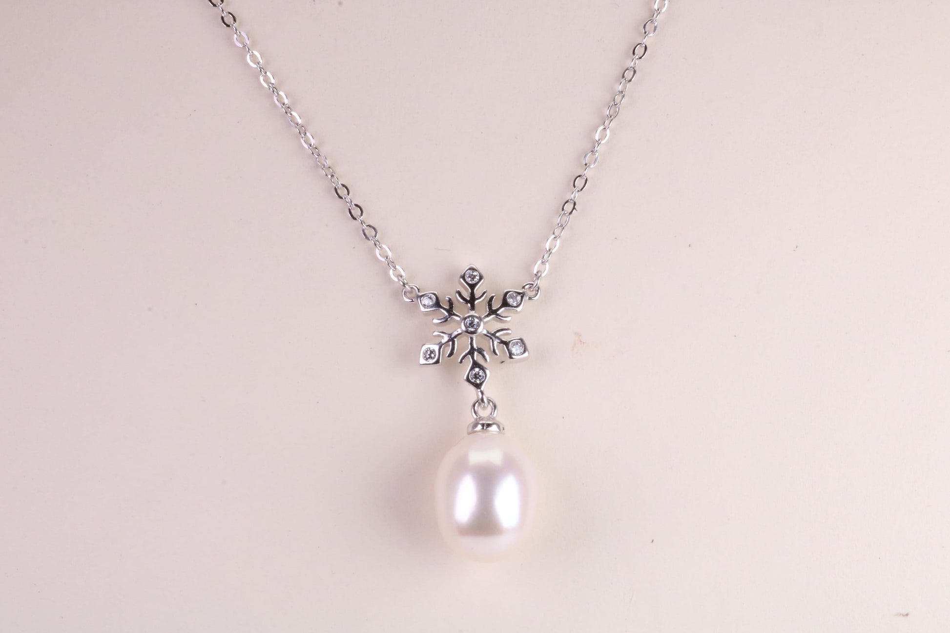 Natural Pearl and Cubic Zirconia set Necklace set in Solid Silver, 18ct Yellow Gold Plated, Length Adjustable Chain