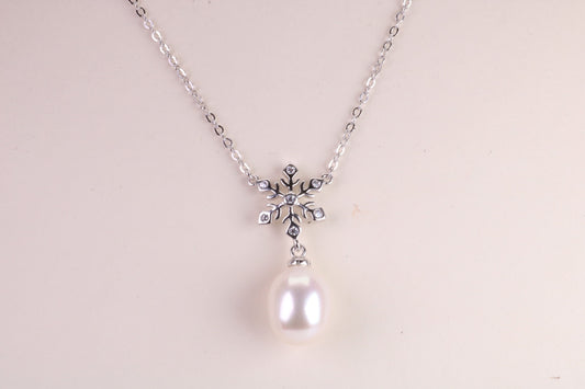 Natural Pearl and Cubic Zirconia set Necklace set in Solid Silver, 18ct Yellow Gold Plated, Length Adjustable Chain