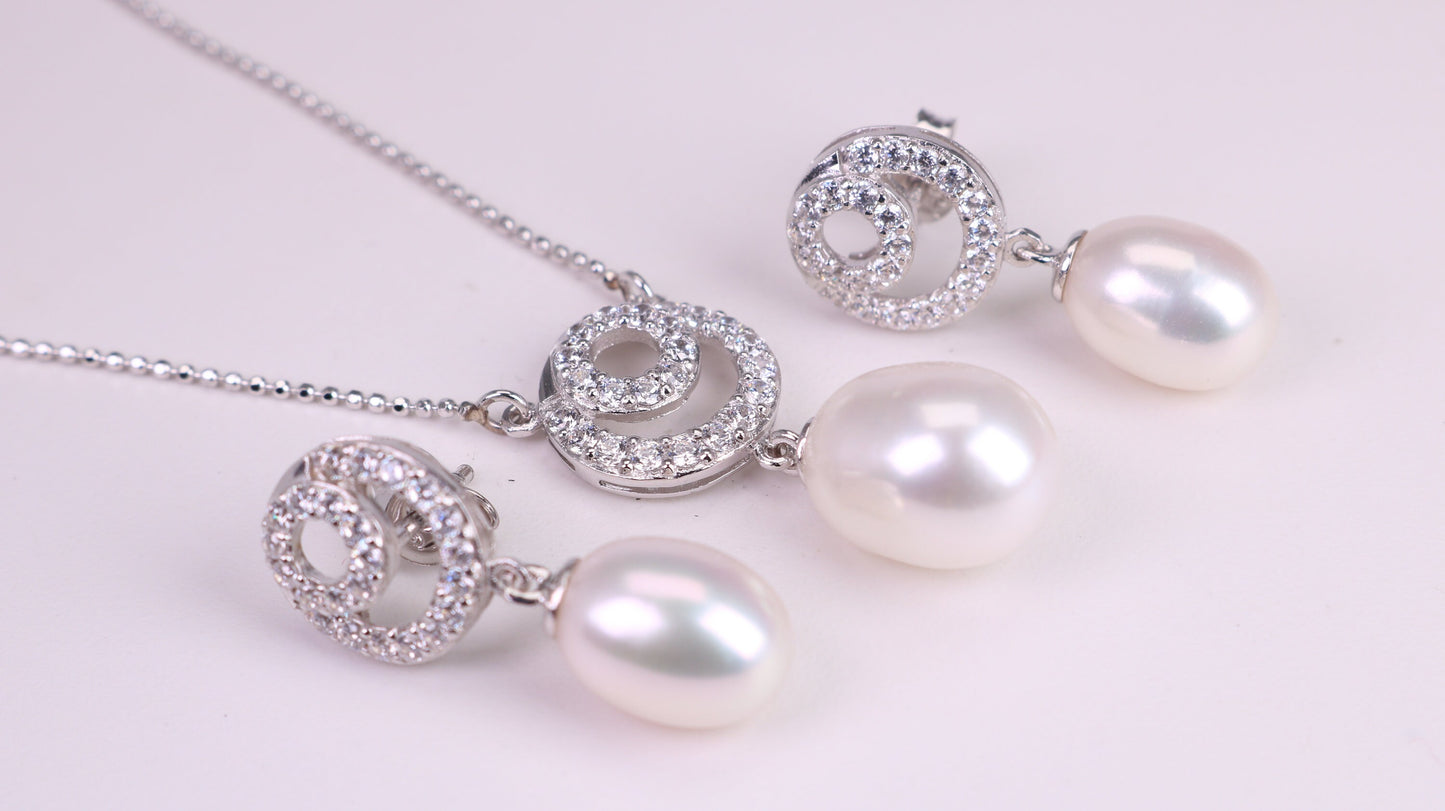 Natural Pearl and Cubic Zirconia set Necklace and Matching Earrings, set in Solid Silver, Length Adjustable Chain