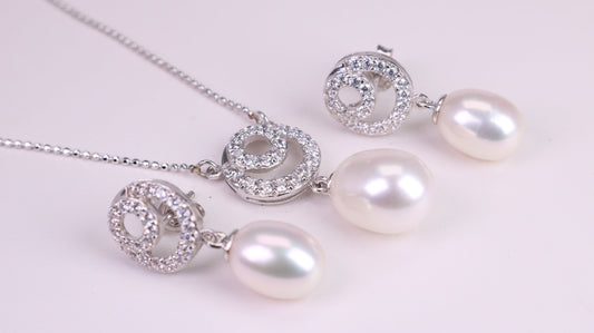 Natural Pearl and Cubic Zirconia set Necklace and Matching Earrings, set in Solid Silver, Length Adjustable Chain