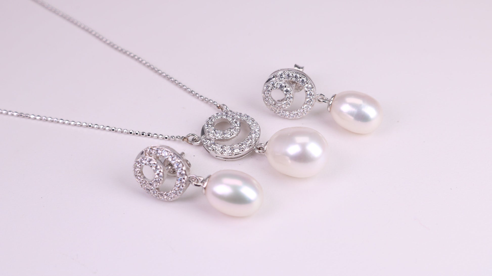 Natural Pearl and Cubic Zirconia set Necklace and Matching Earrings, set in Solid Silver, Length Adjustable Chain