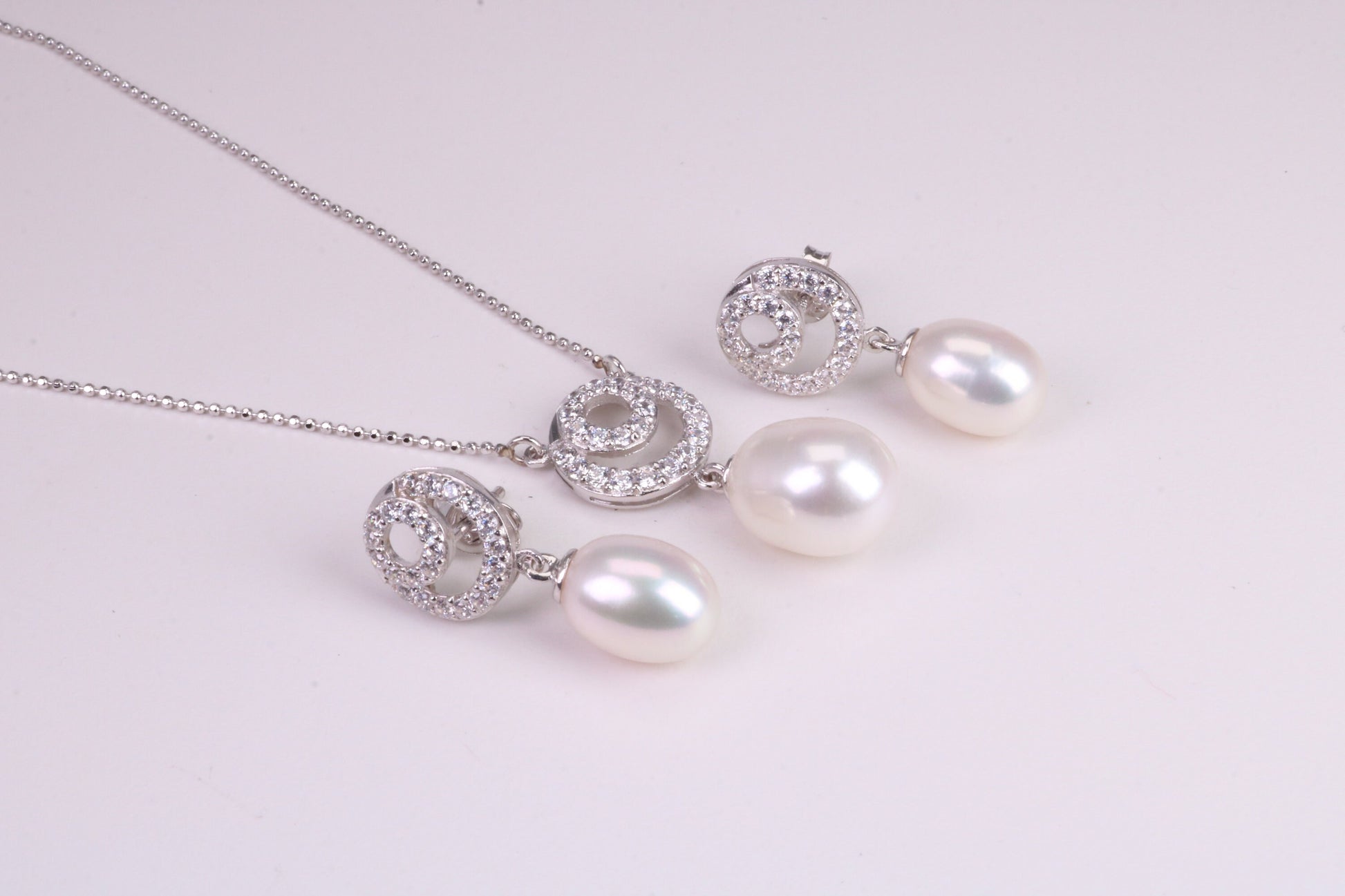 Natural Pearl and Cubic Zirconia set Necklace and Matching Earrings, set in Solid Silver, Length Adjustable Chain