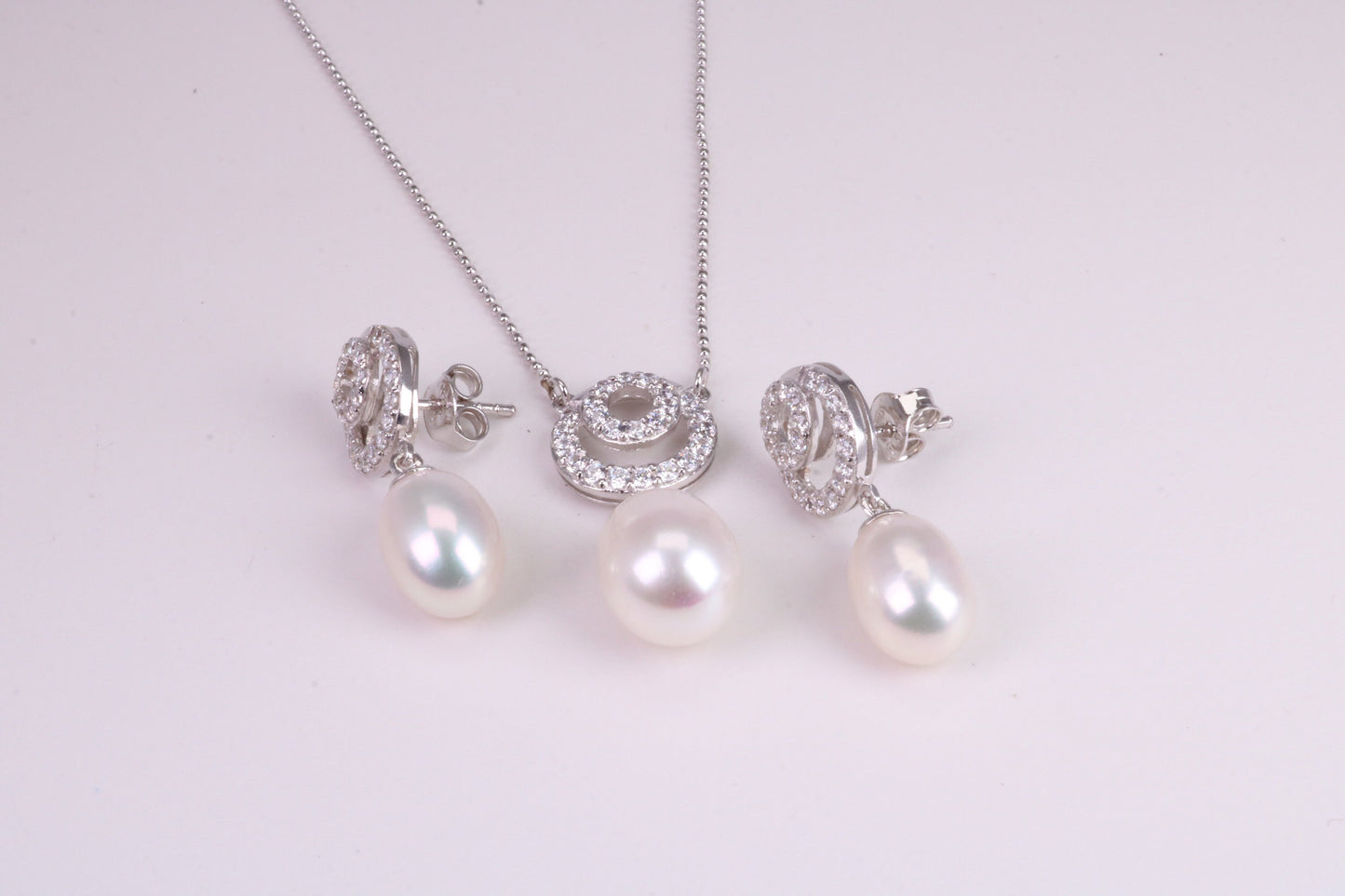 Natural Pearl and Cubic Zirconia set Necklace and Matching Earrings, set in Solid Silver, Length Adjustable Chain