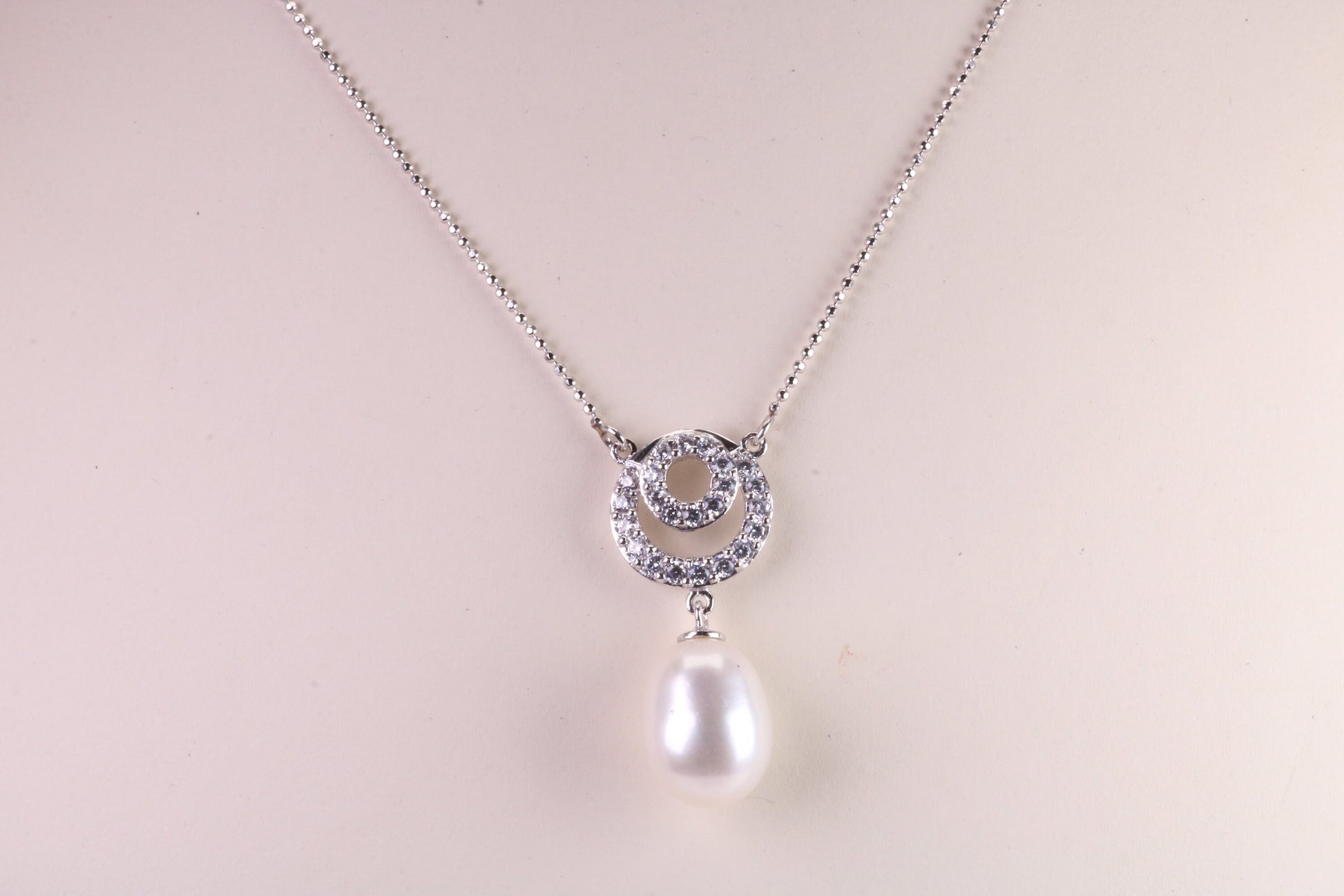 Natural Pearl and Cubic Zirconia set Necklace and Matching Earrings, set in Solid Silver, Length Adjustable Chain