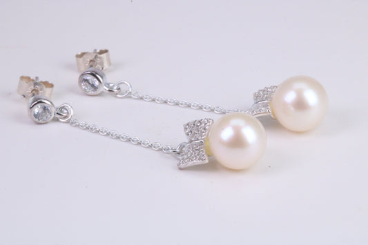 45 mm Long Natural Pearl and Cubic Zirconia set Dropper Earrings, set in Solid Silver