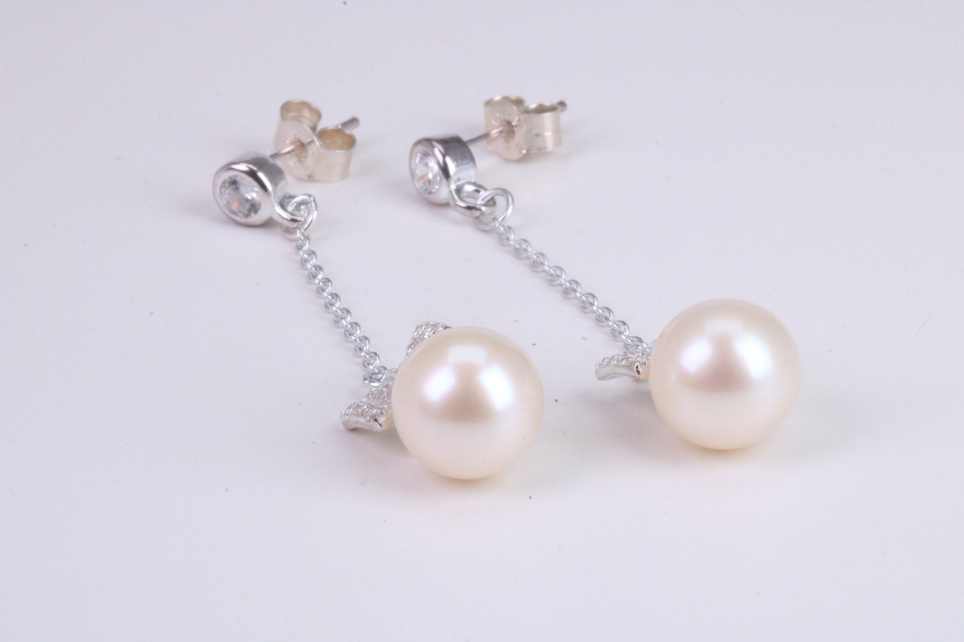 45 mm Long Natural Pearl and Cubic Zirconia set Dropper Earrings, set in Solid Silver