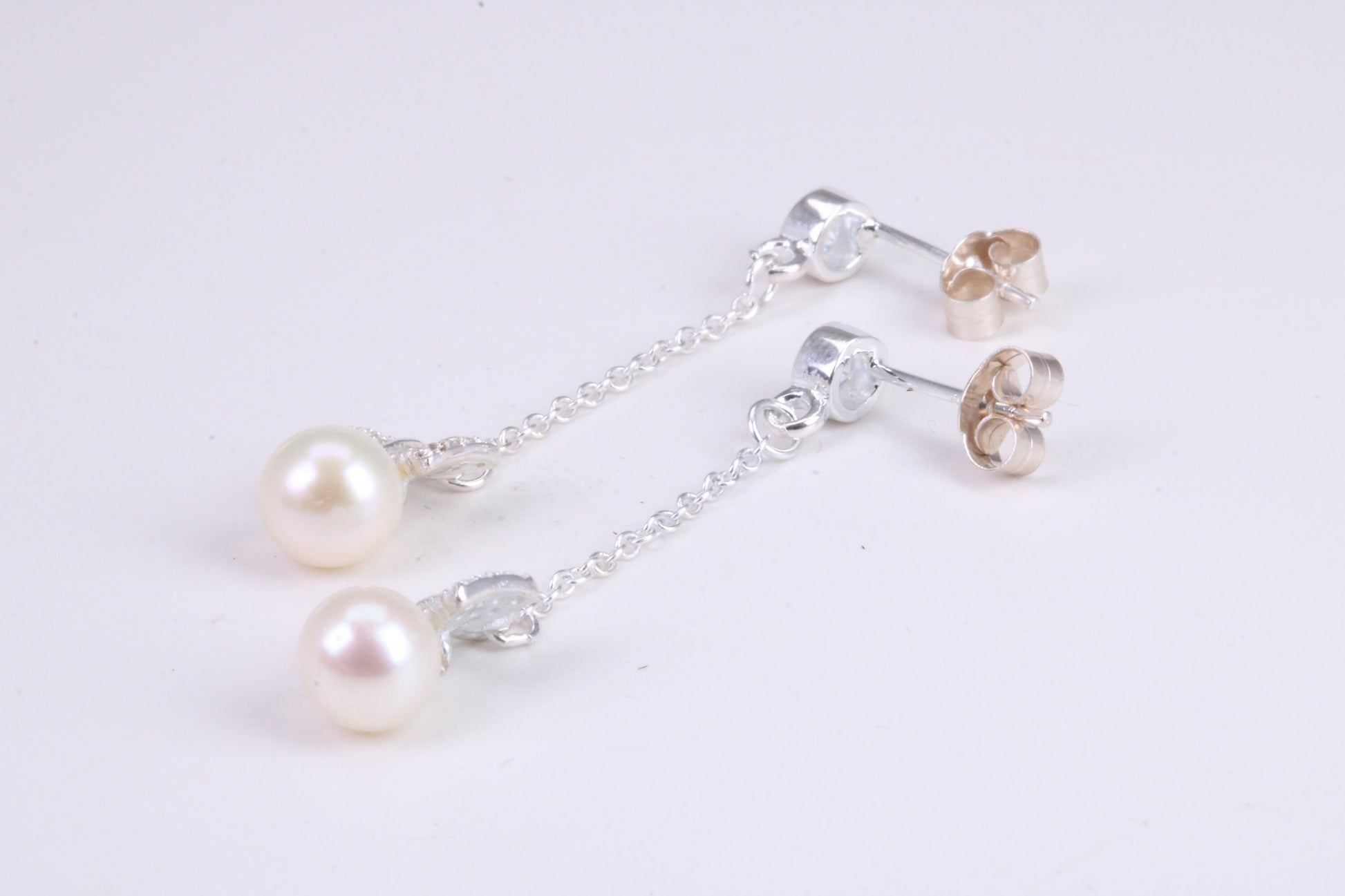 40 mm Long Natural Pearl and Cubic Zirconia set Dropper Earrings, set in Solid Silver