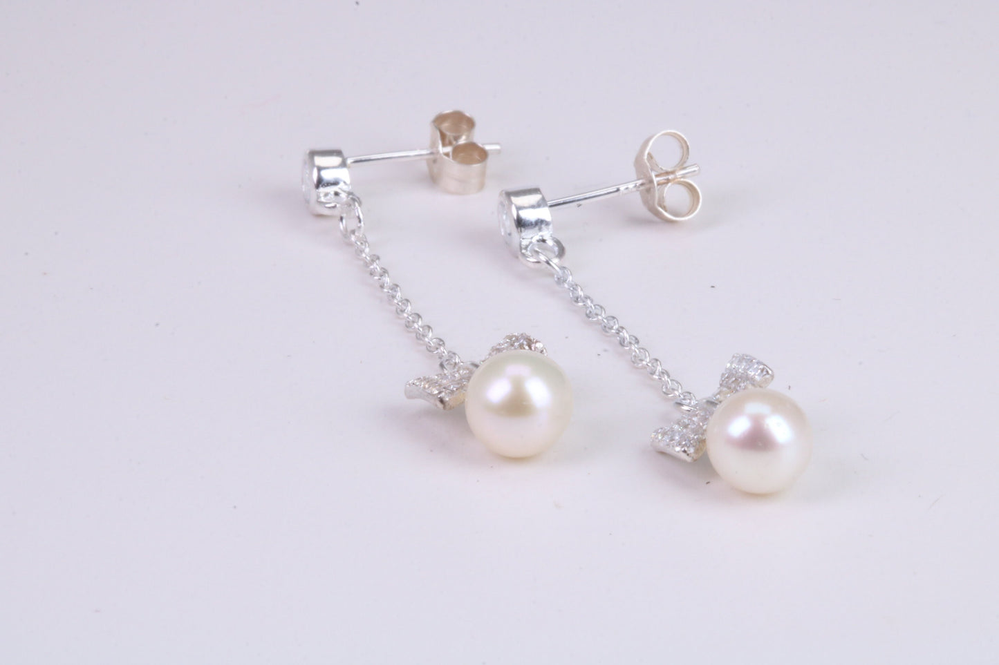 40 mm Long Natural Pearl and Cubic Zirconia set Dropper Earrings, set in Solid Silver