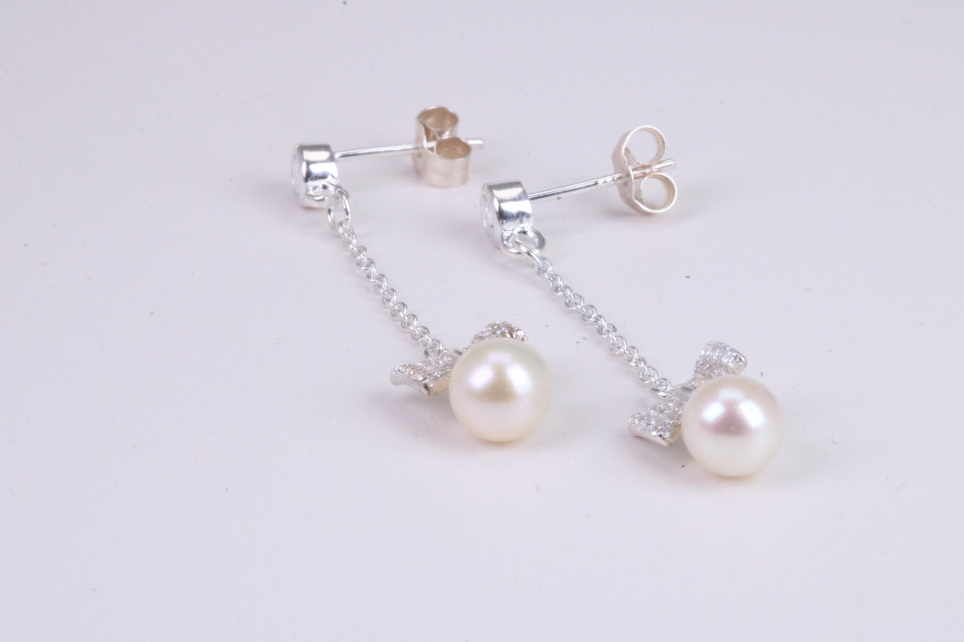 40 mm Long Natural Pearl and Cubic Zirconia set Dropper Earrings, set in Solid Silver