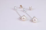 40 mm Long Natural Pearl and Cubic Zirconia set Dropper Earrings, set in Solid Silver