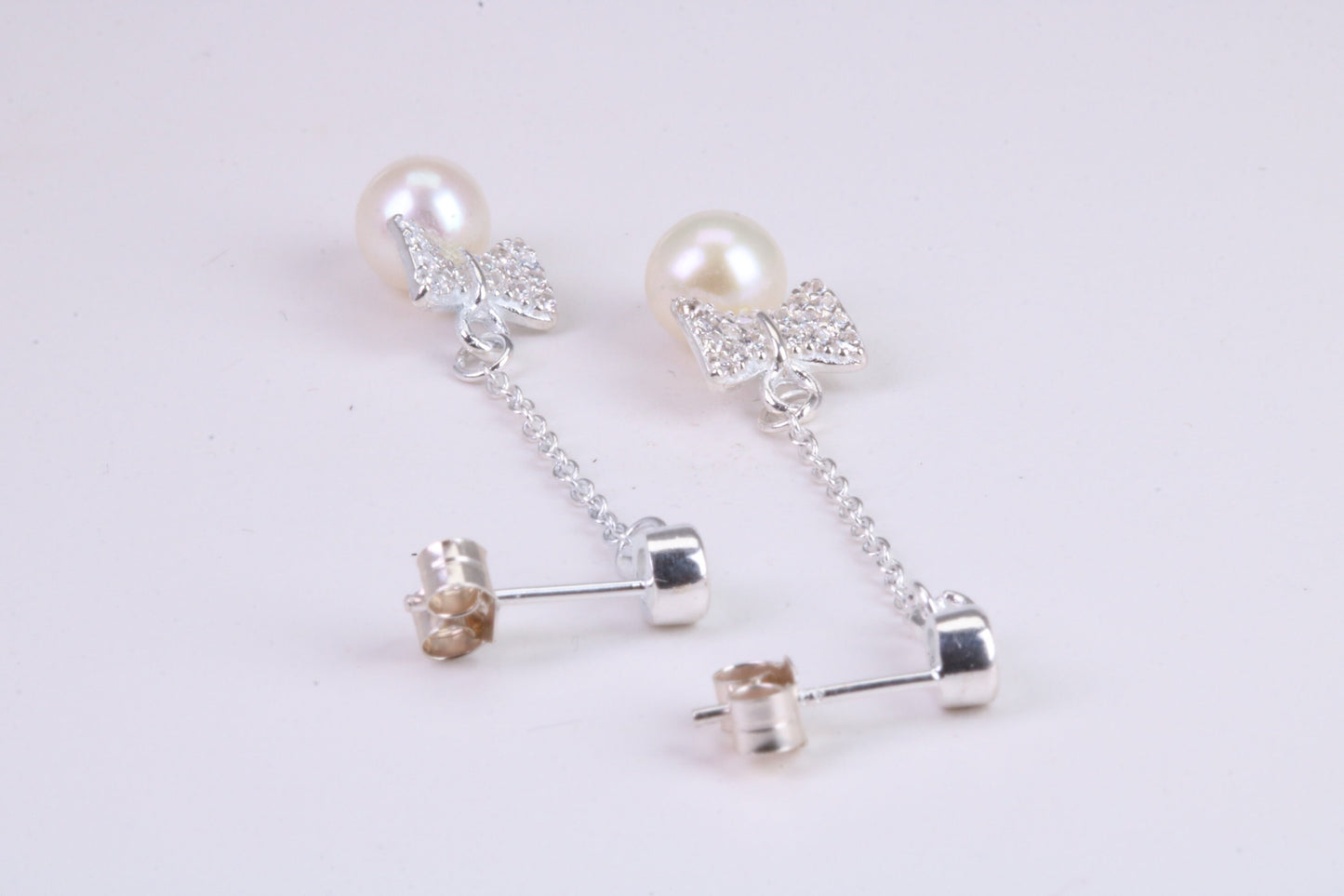 40 mm Long Natural Pearl and Cubic Zirconia set Dropper Earrings, set in Solid Silver