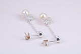 40 mm Long Natural Pearl and Cubic Zirconia set Dropper Earrings, set in Solid Silver