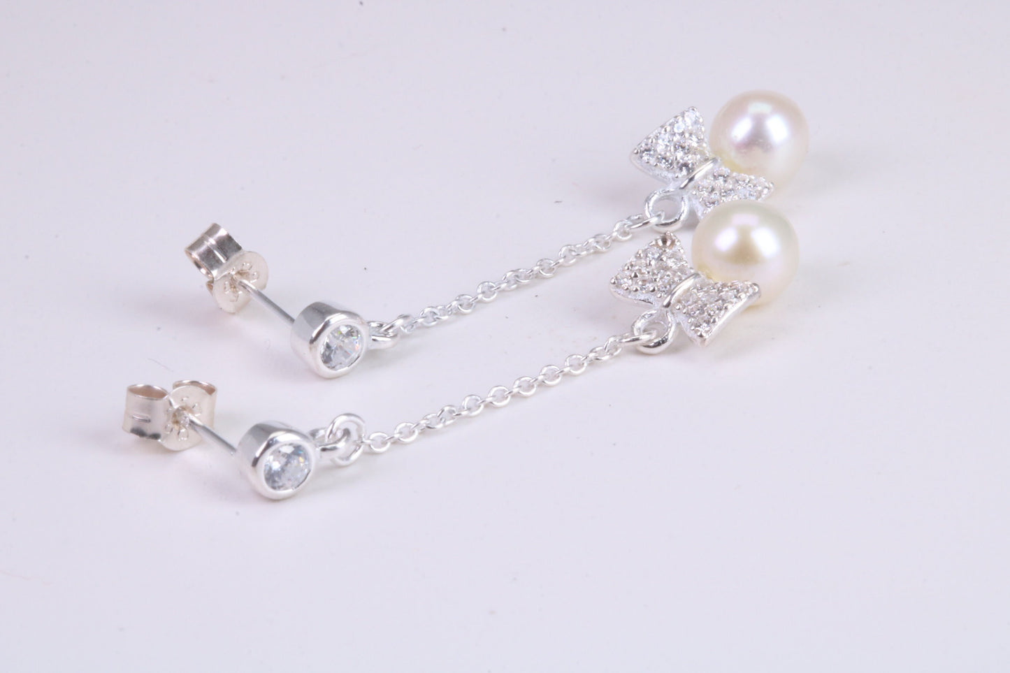 40 mm Long Natural Pearl and Cubic Zirconia set Dropper Earrings, set in Solid Silver