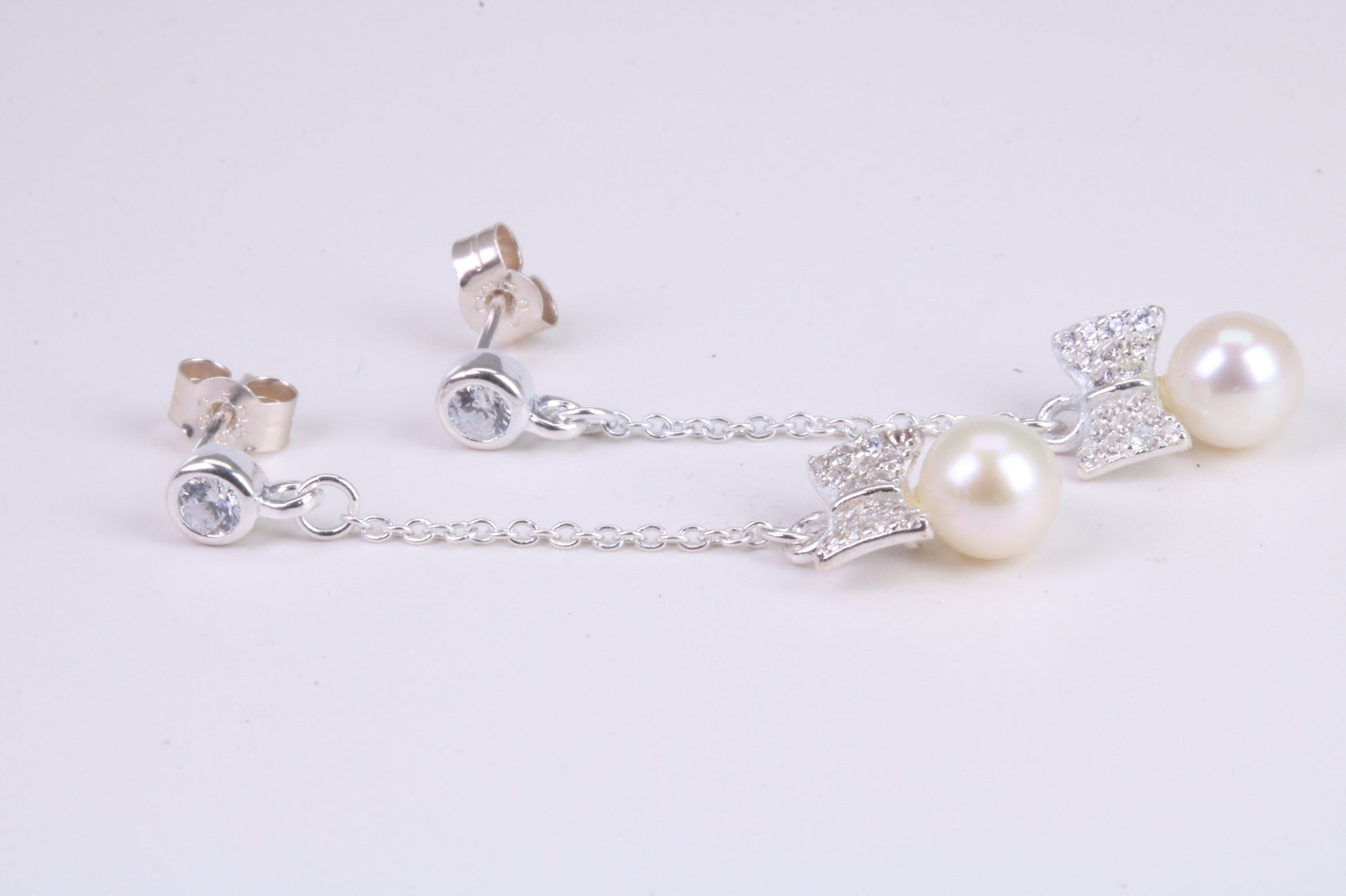 40 mm Long Natural Pearl and Cubic Zirconia set Dropper Earrings, set in Solid Silver