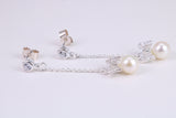 40 mm Long Natural Pearl and Cubic Zirconia set Dropper Earrings, set in Solid Silver