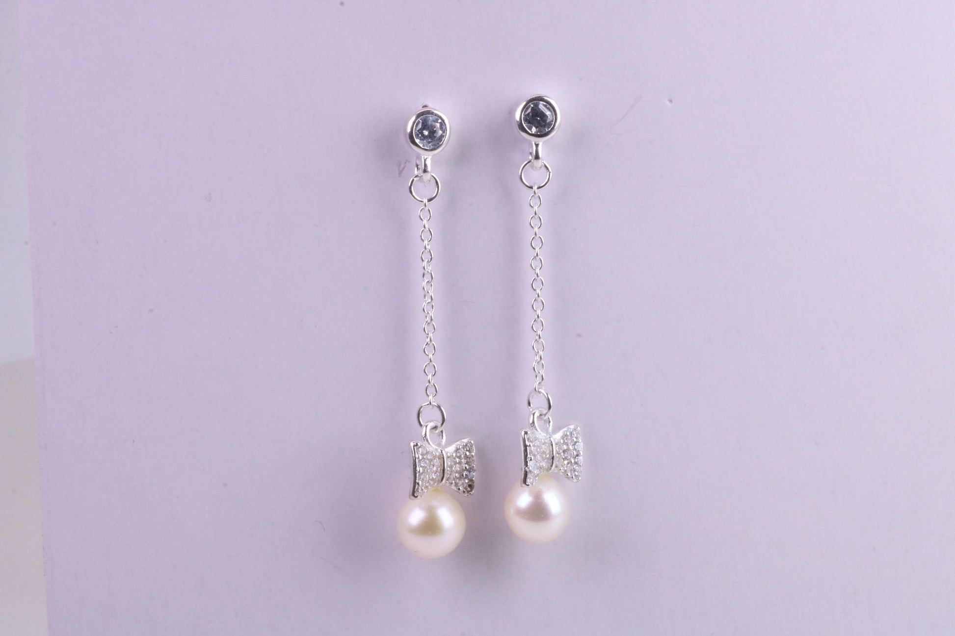 40 mm Long Natural Pearl and Cubic Zirconia set Dropper Earrings, set in Solid Silver