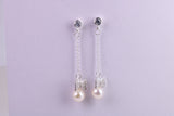 40 mm Long Natural Pearl and Cubic Zirconia set Dropper Earrings, set in Solid Silver