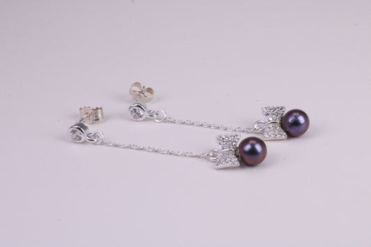 40 mm Long Natural Pearl and Cubic Zirconia set Dropper Earrings, set in Solid Silver