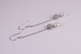 45 mm Long Natural Pearl and Cubic Zirconia set Dropper Earrings, set in Solid Silver
