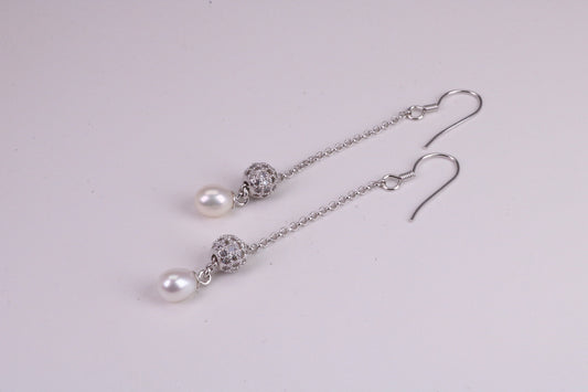 45 mm Long Natural Pearl and Cubic Zirconia set Dropper Earrings, set in Solid Silver