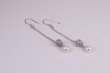 45 mm Long Natural Pearl and Cubic Zirconia set Dropper Earrings, set in Solid Silver