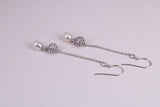 45 mm Long Natural Pearl and Cubic Zirconia set Dropper Earrings, set in Solid Silver