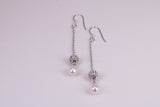 45 mm Long Natural Pearl and Cubic Zirconia set Dropper Earrings, set in Solid Silver