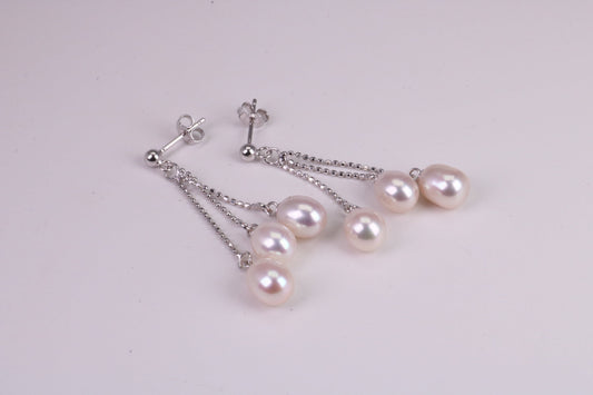 40 mm Long Natural Pearl set Dropper Earrings, set in Solid Silver