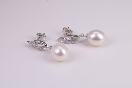 30 mm Long Natural Pearl and Cubic Zirconia set Dropper Earrings, set in Solid Silver