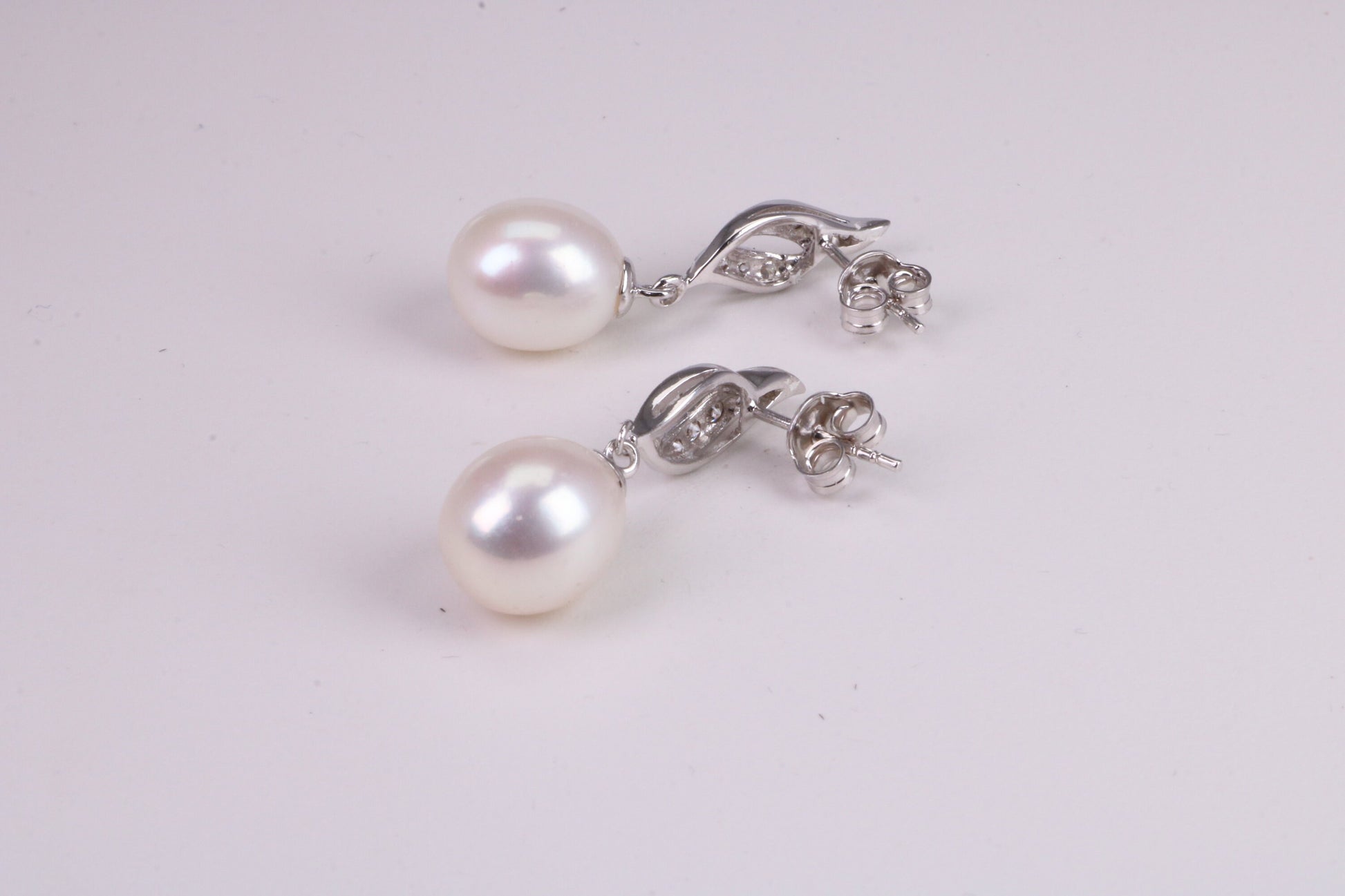 30 mm Long Natural Pearl and Cubic Zirconia set Dropper Earrings, set in Solid Silver