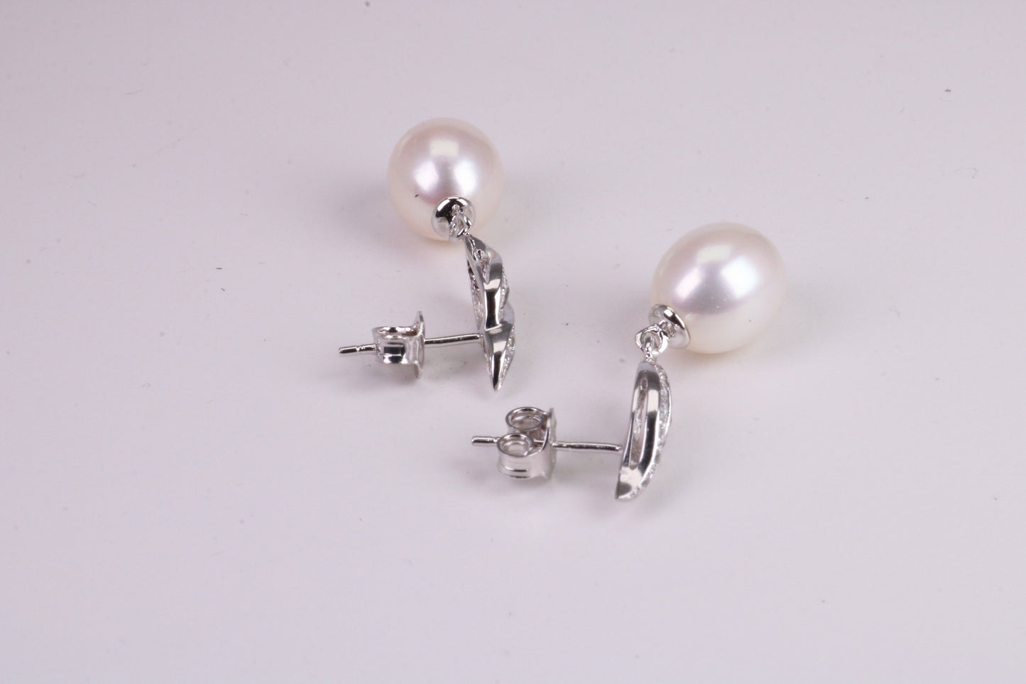 30 mm Long Natural Pearl and Cubic Zirconia set Dropper Earrings, set in Solid Silver