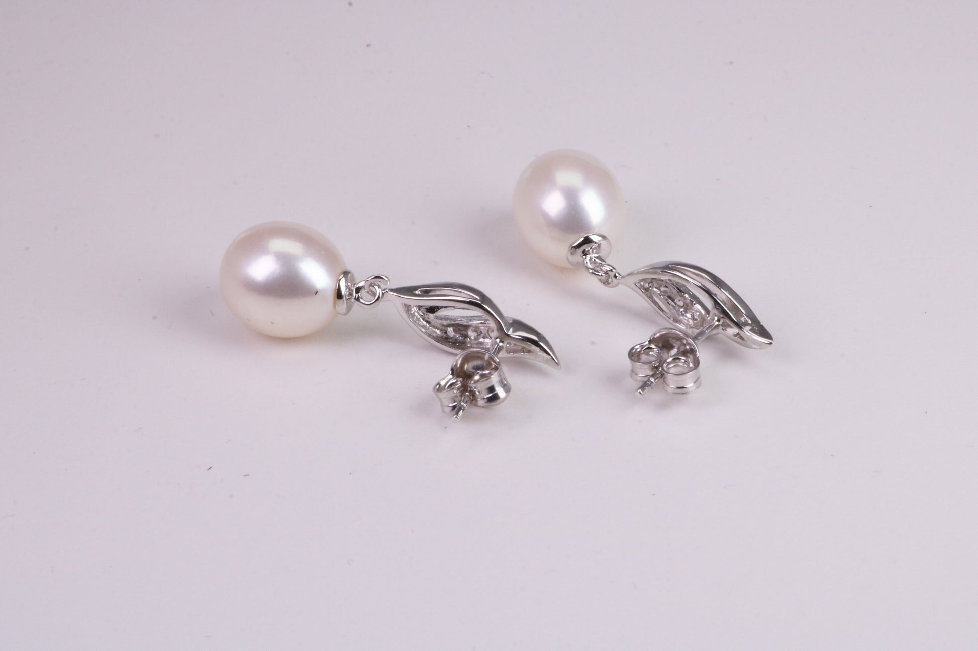 30 mm Long Natural Pearl and Cubic Zirconia set Dropper Earrings, set in Solid Silver