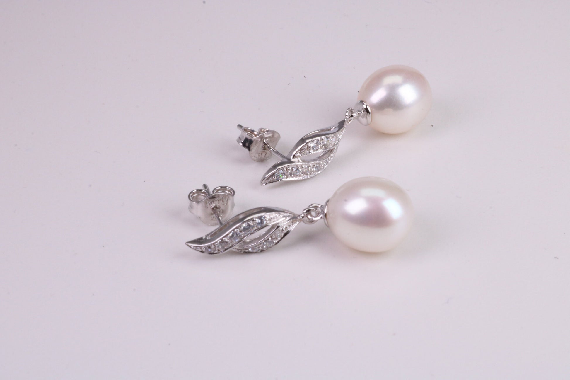 30 mm Long Natural Pearl and Cubic Zirconia set Dropper Earrings, set in Solid Silver