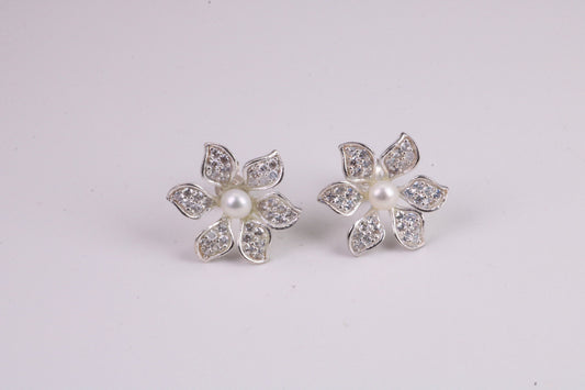 28 mm Round Natural Pearl and Cubic Zirconia set Stud Earrings, set in Solid Silver