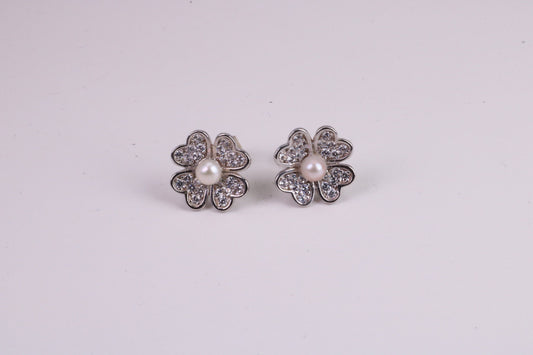 11 mm Round Natural Pearl and Cubic Zirconia set Stud Earrings, set in Solid Silver