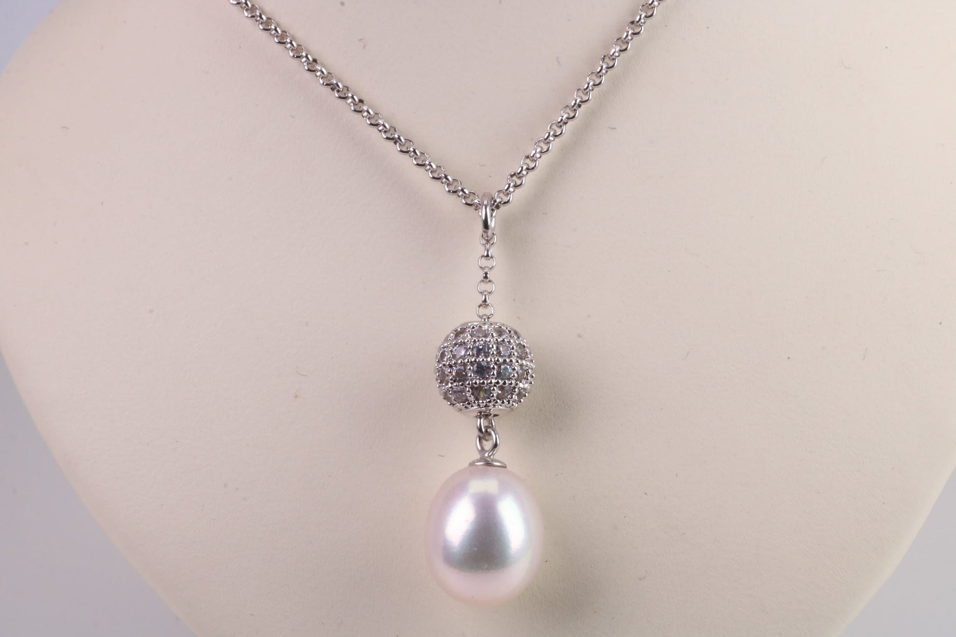 Natural Pearl and Cubic Zirconia set Necklace set in Solid Silver, 18ct Yellow Gold Plated, Length Adjustable Chain