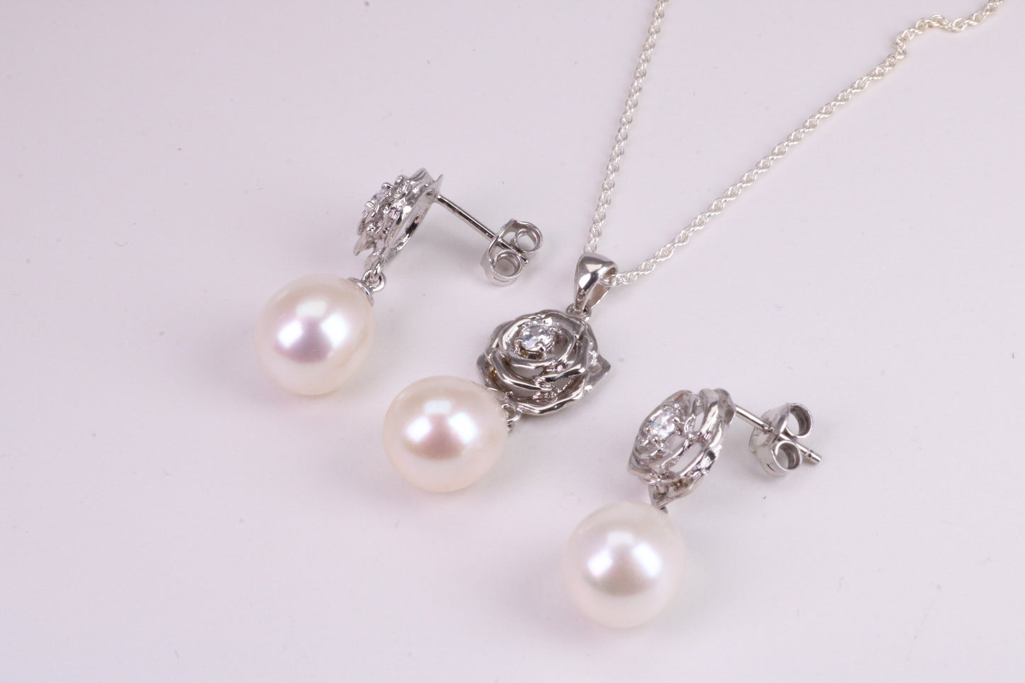 Natural Pearl and Cubic Zirconia set Necklace and Matching Earrings, set in Solid Silver, Length Adjustable Chain