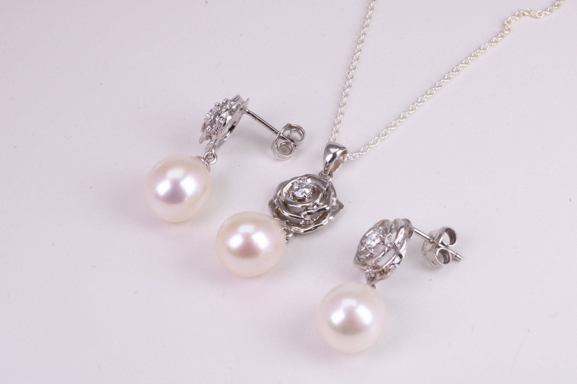 Natural Pearl and Cubic Zirconia set Necklace and Matching Earrings, set in Solid Silver, Length Adjustable Chain