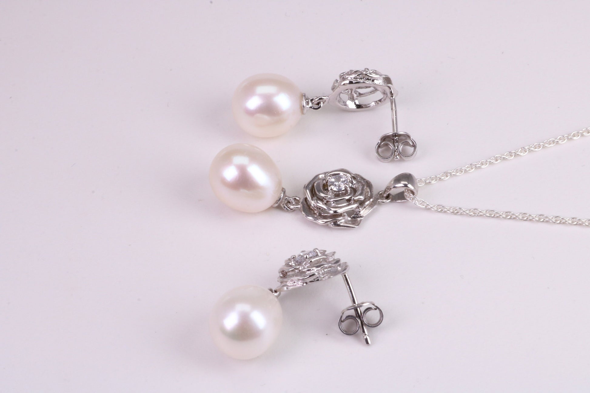 Natural Pearl and Cubic Zirconia set Necklace and Matching Earrings, set in Solid Silver, Length Adjustable Chain