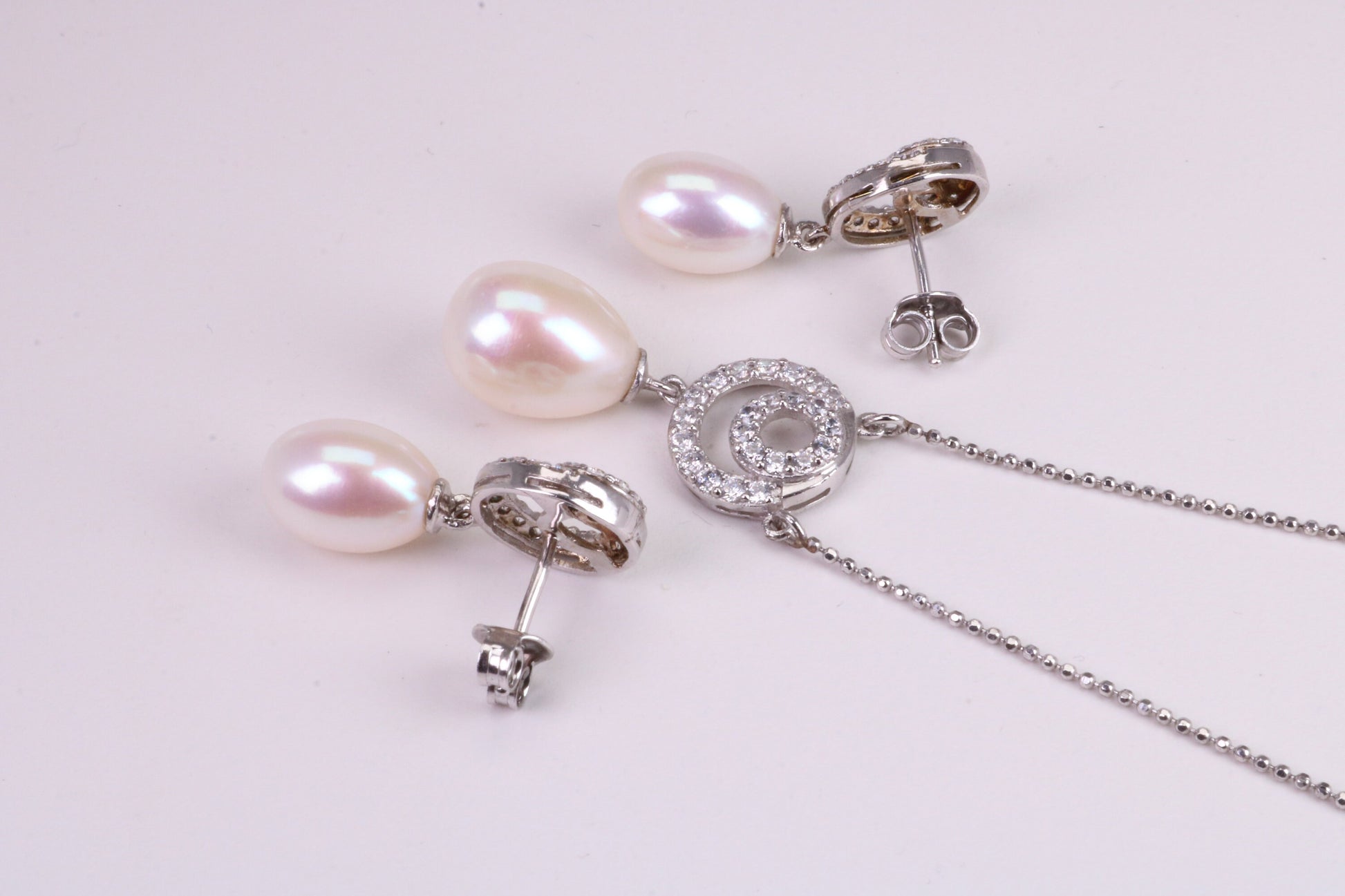 Natural Pearl and Cubic Zirconia set Necklace and Matching Earrings, set in Solid Silver, Length Adjustable Chain