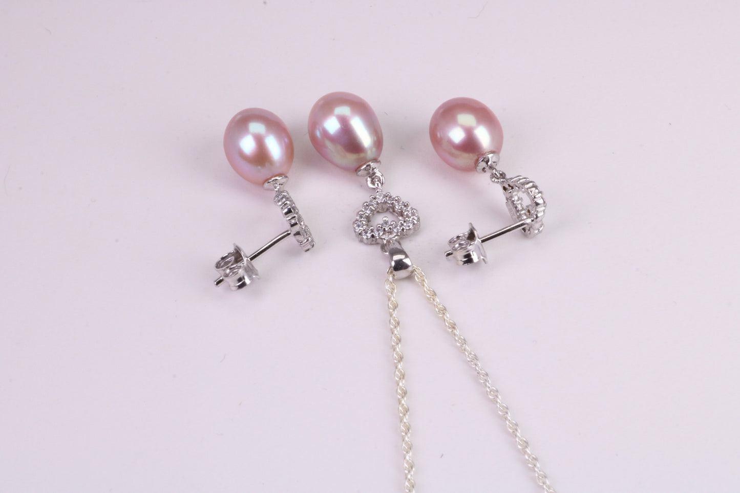 Natural Pearl and Cubic Zirconia set Necklace and Matching Earrings, set in Solid Silver