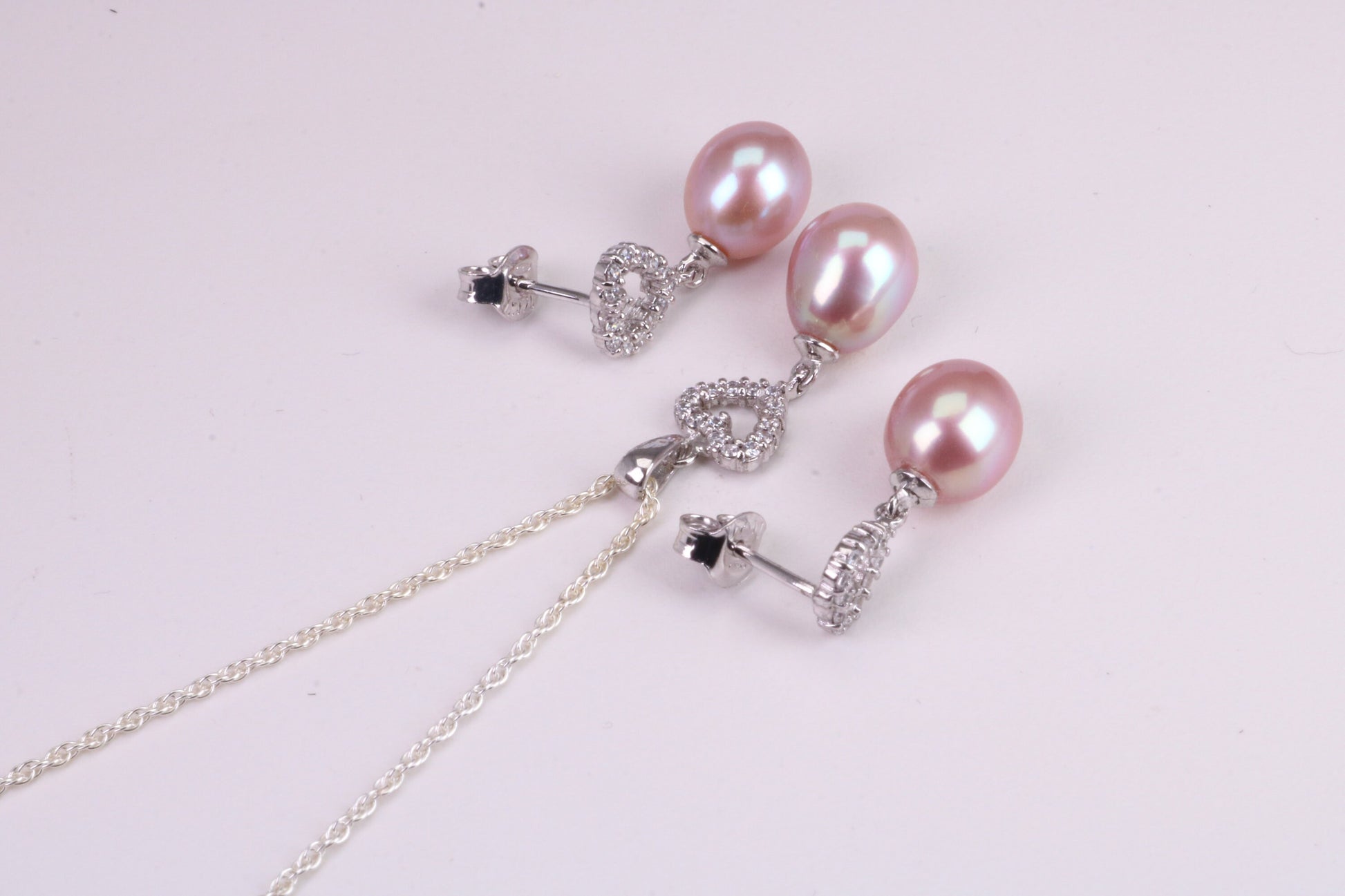 Natural Pearl and Cubic Zirconia set Necklace and Matching Earrings, set in Solid Silver