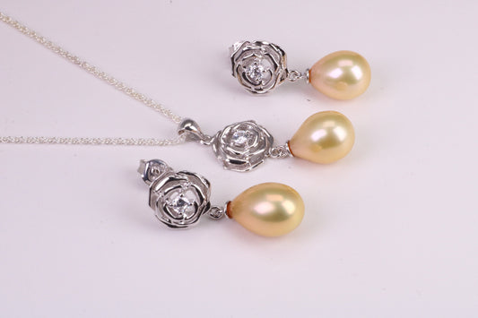 Natural Pearl and Cubic Zirconia set Necklace and Matching Earrings, set in Solid Silver