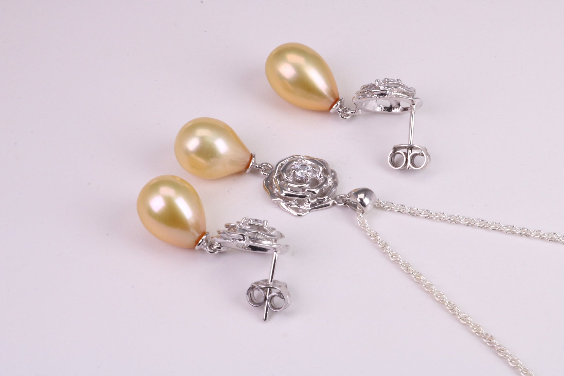 Natural Pearl and Cubic Zirconia set Necklace and Matching Earrings, set in Solid Silver