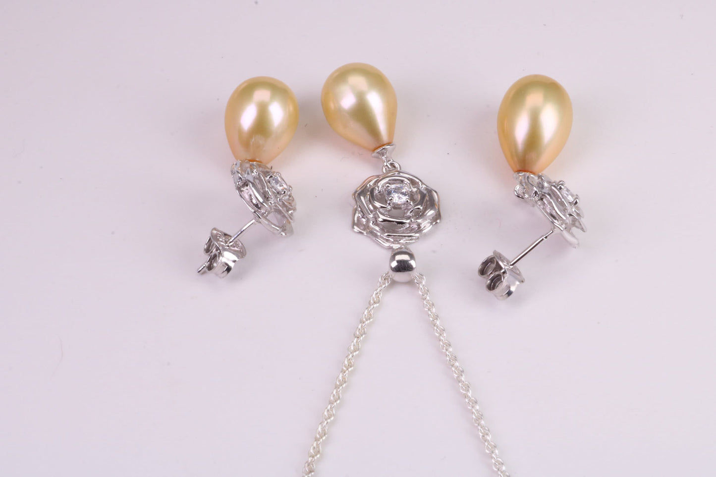Natural Pearl and Cubic Zirconia set Necklace and Matching Earrings, set in Solid Silver