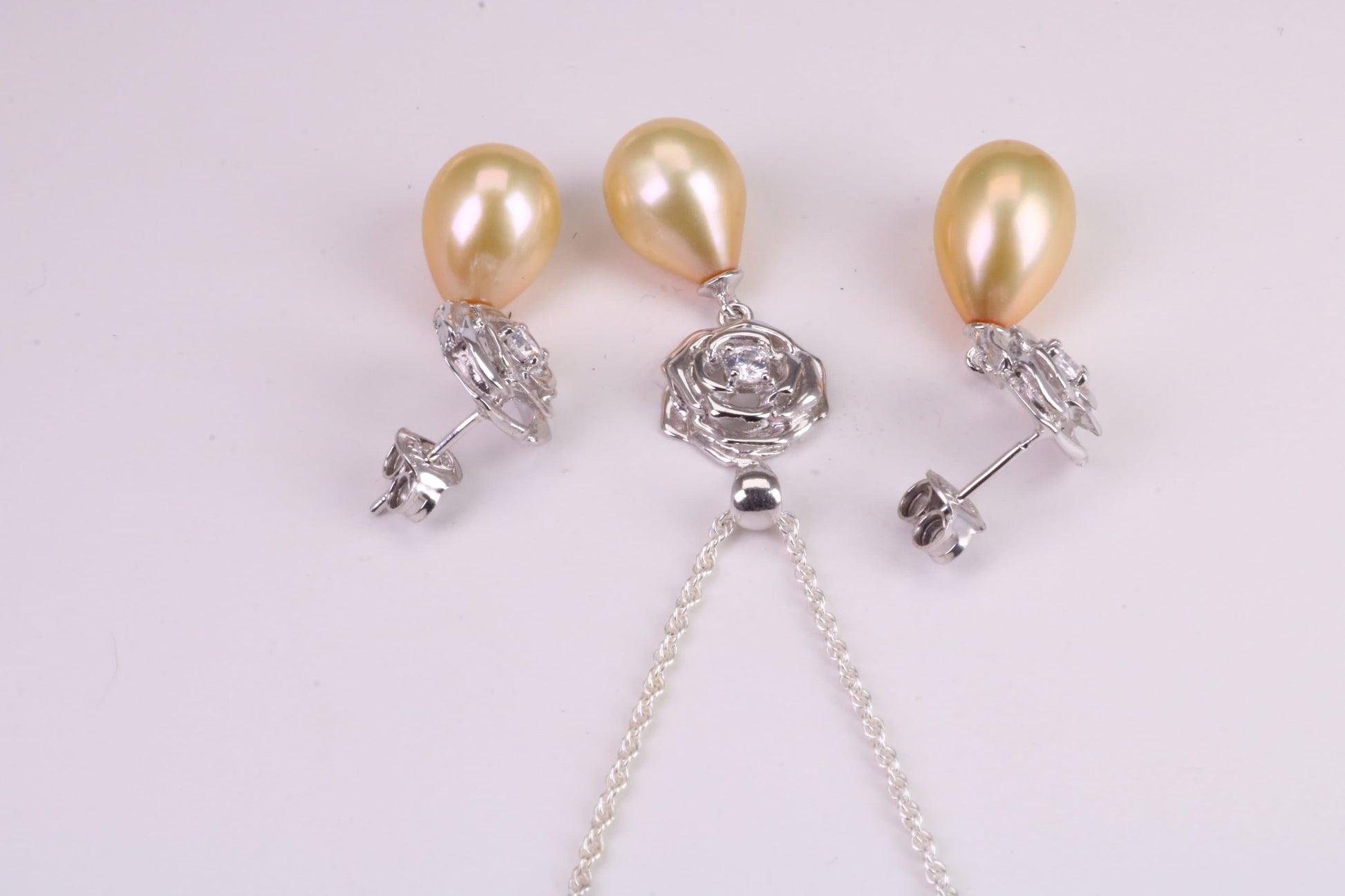 Natural Pearl and Cubic Zirconia set Necklace and Matching Earrings, set in Solid Silver