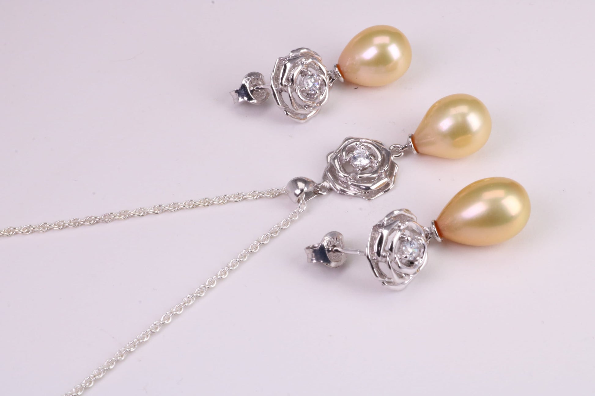 Natural Pearl and Cubic Zirconia set Necklace and Matching Earrings, set in Solid Silver