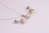 Natural Yellow Pearl and Cubic Zirconia set Necklace and Matching Earrings, set in Solid Silver